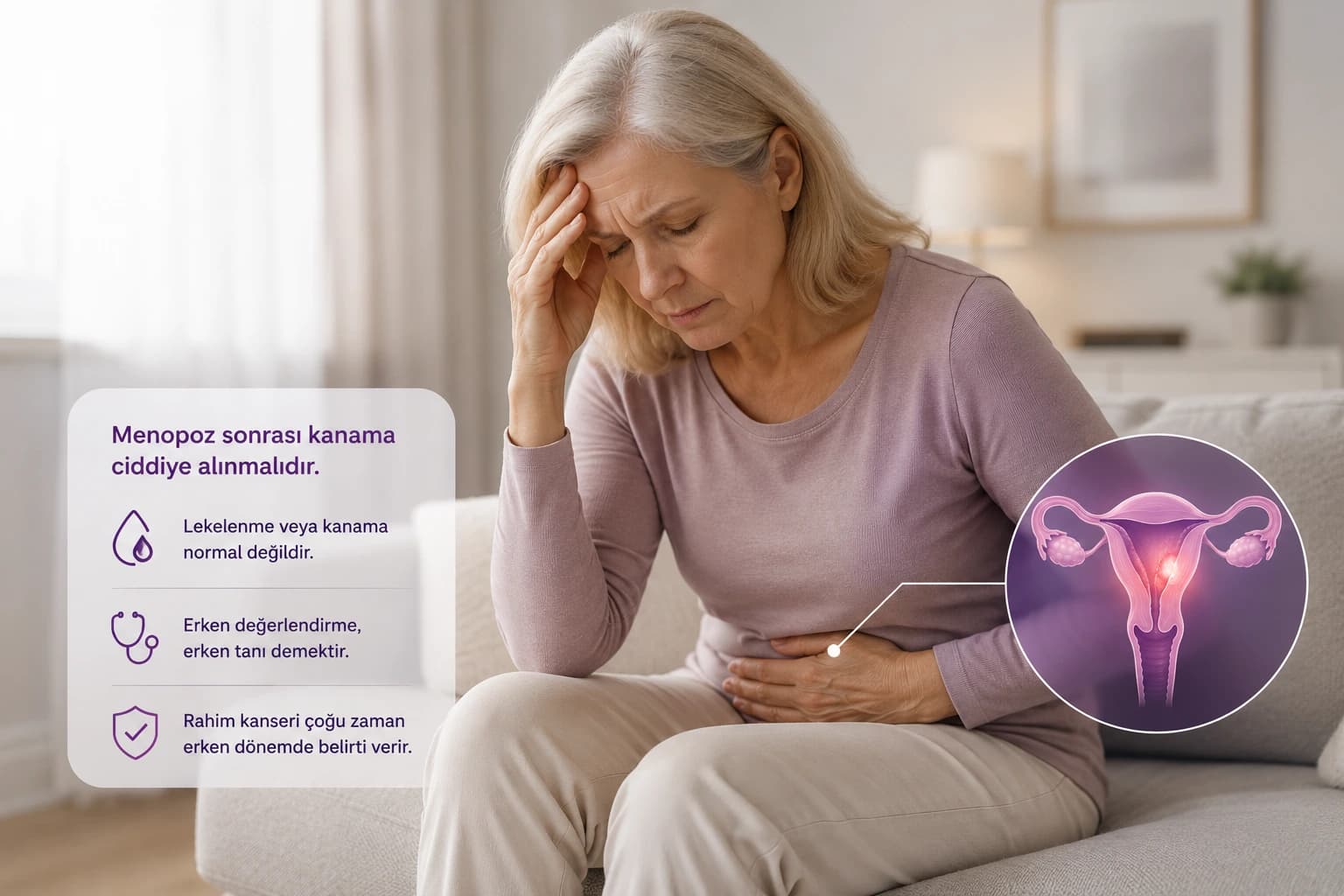Menopoz sonrası kanama yaşayan bir kadını ve endometrium kanserinde erken değerlendirmenin önemini anlatan premium medikal görsel