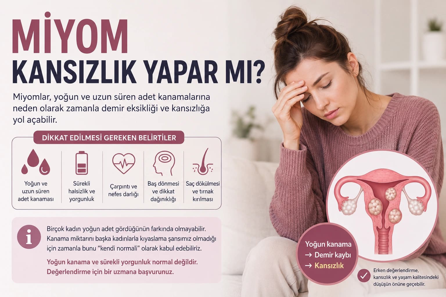 Yoğun adet kanamaları nedeniyle gelişen kansızlık, halsizlik ve demir eksikliği belirtilerini anlatan miyom temalı medikal infografik