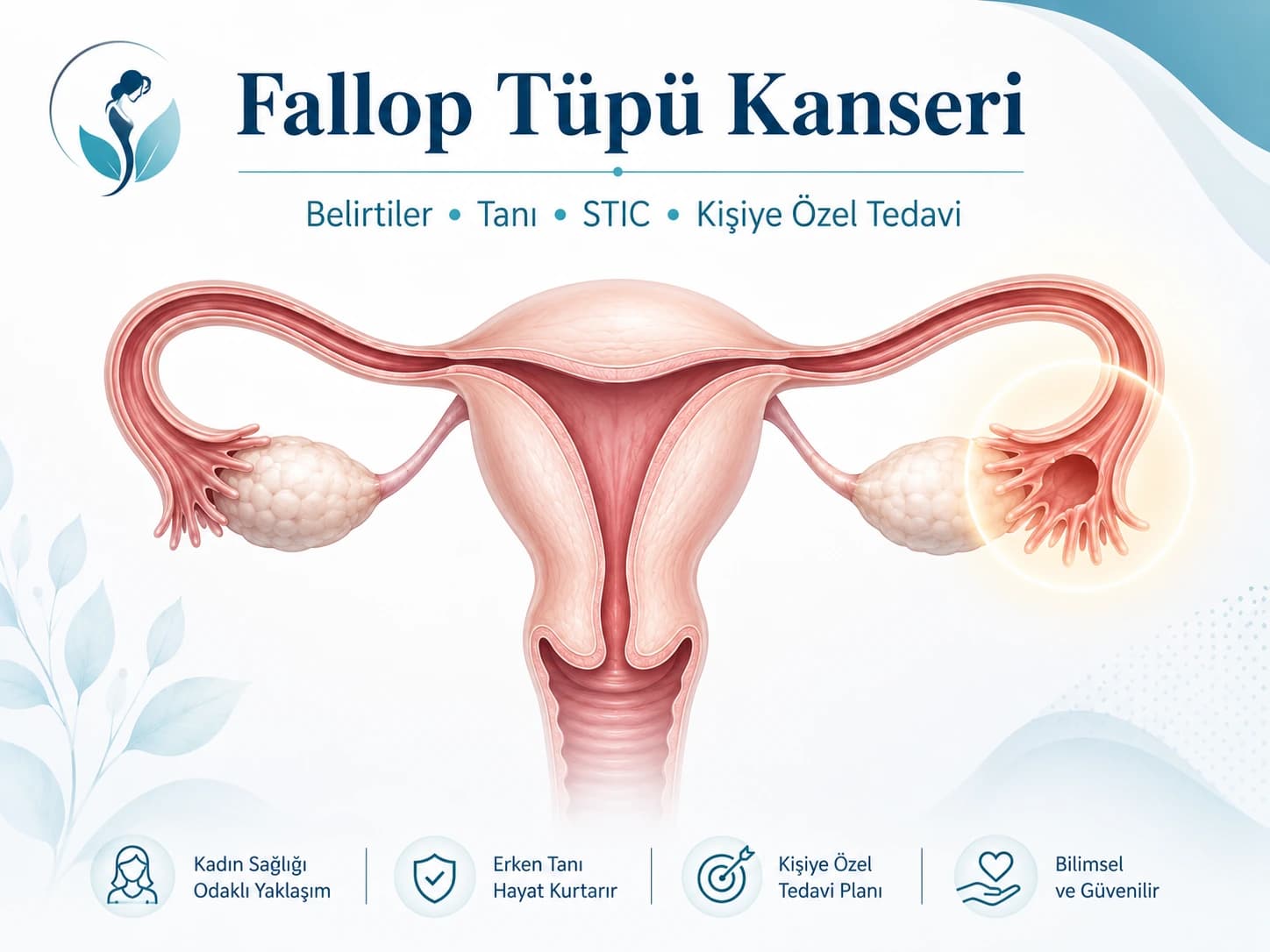 Fallop tüpü kanserinde belirtiler, STIC, erken tanı ve kişiye özel tedavi yaklaşımını gösteren kadın üreme sistemi illüstrasyonu.