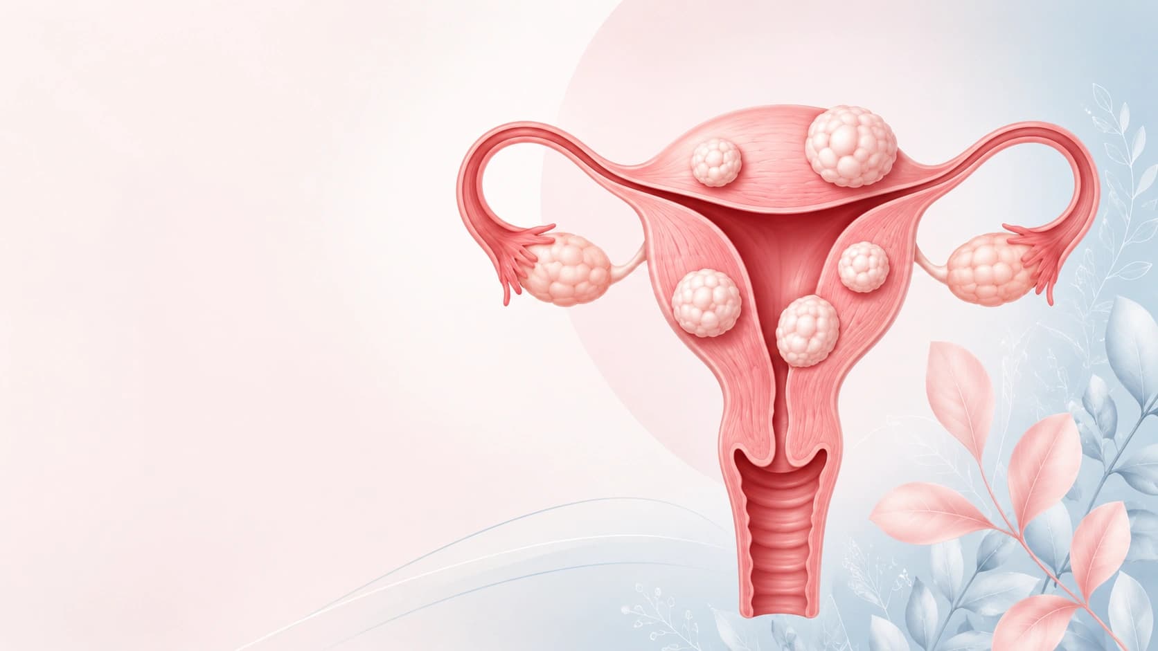 rahim içinde farklı boyut ve yerleşimlerde miyomları gösteren anatomik uterus illüstrasyonu; rahim miyomu belirtileri ve tedavi seçenekleri için hazırlanmış medikal görsel