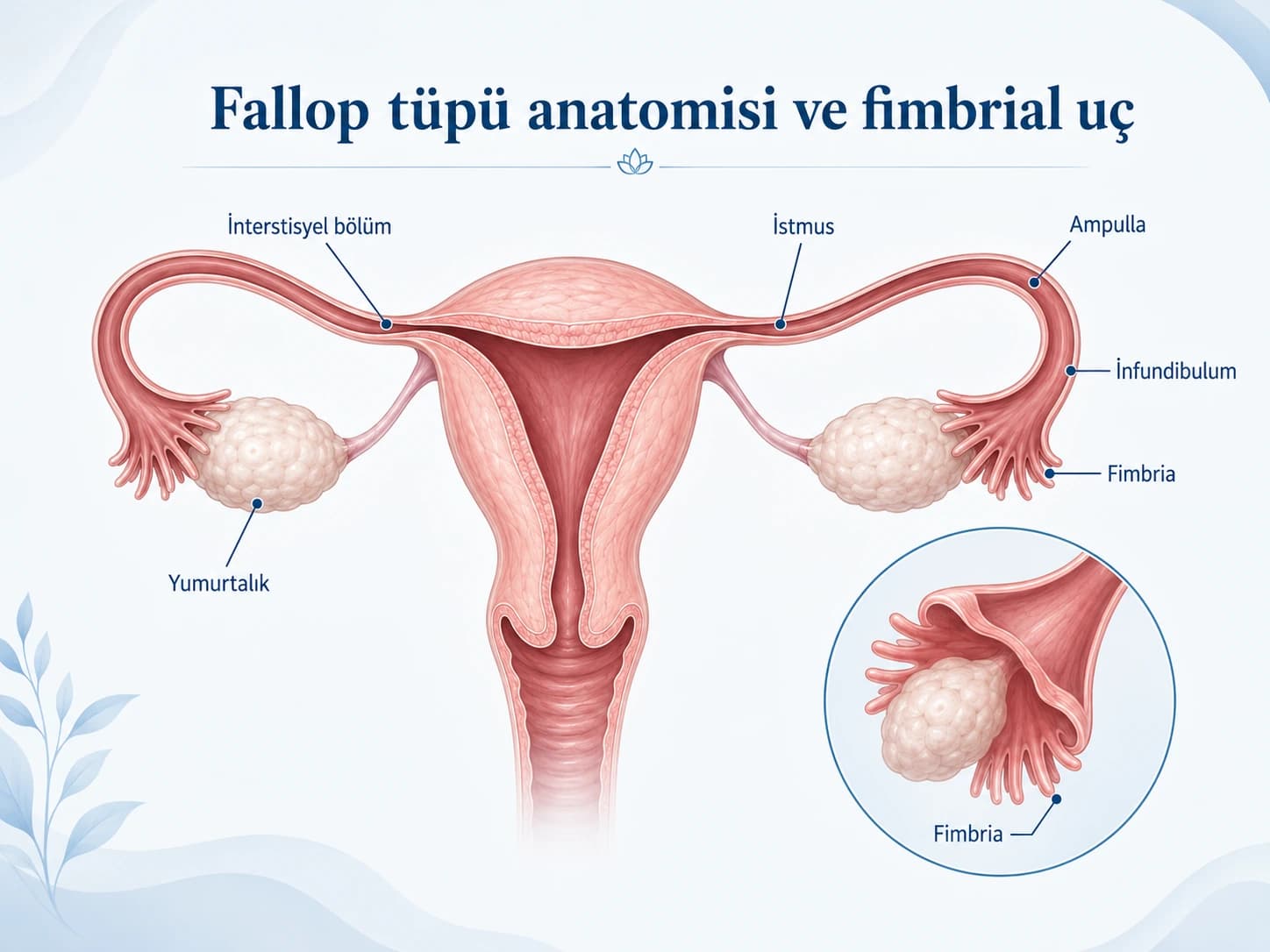 Fallop tüpünün interstisyel bölüm, istmus, ampulla, infundibulum ve fimbria kısımlarını yumurtalıklarla birlikte gösteren anatomik infografik.