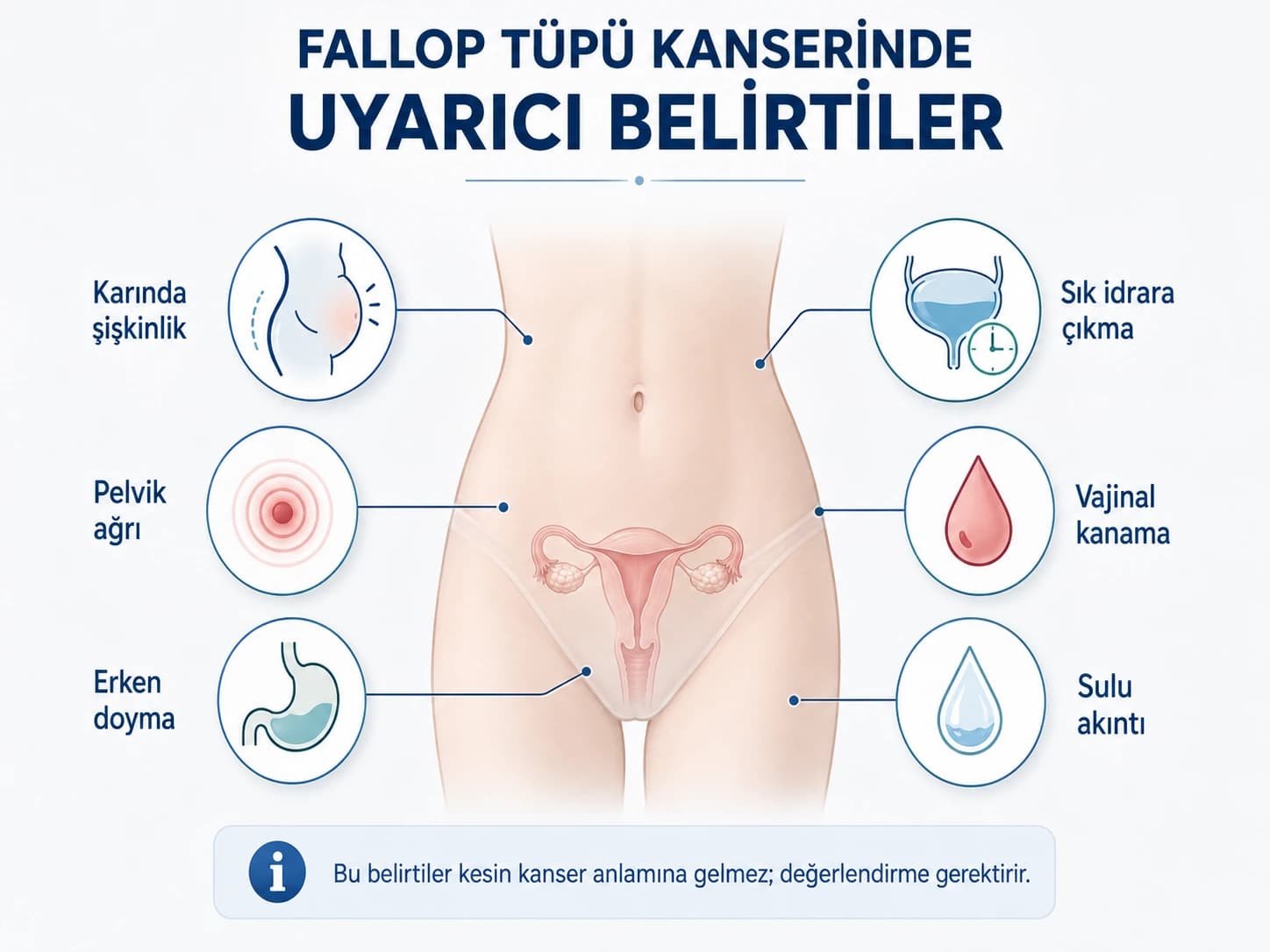 Fallop tüpü kanserinde karında şişkinlik, pelvik ağrı, erken doyma, sık idrara çıkma, vajinal kanama ve sulu akıntıyı gösteren infografik.