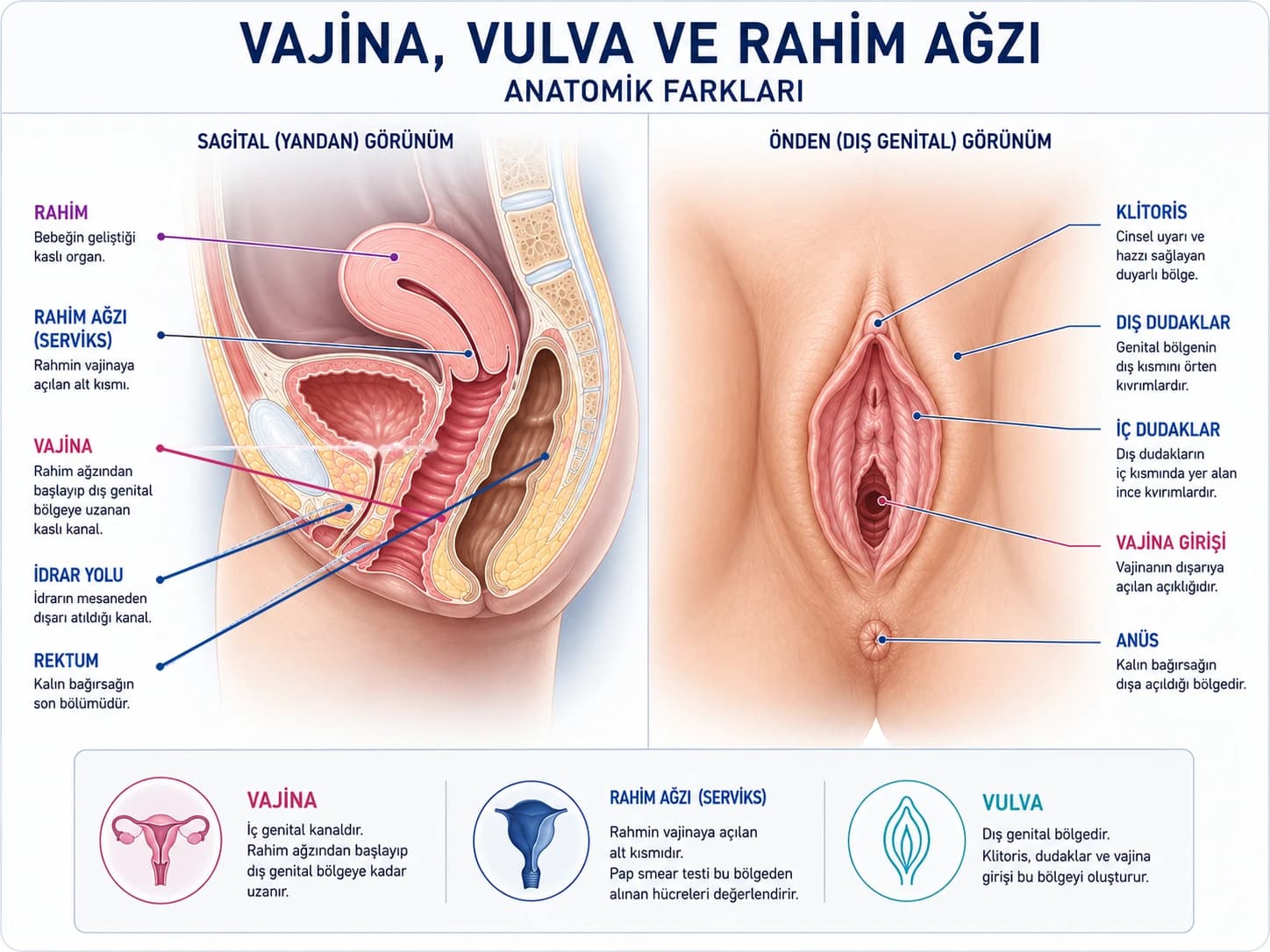 Vajina, vulva ve rahim ağzının anatomik farklarını; vajina, serviks, üretra ve rektumun konumlarıyla gösteren tıbbi infografik.