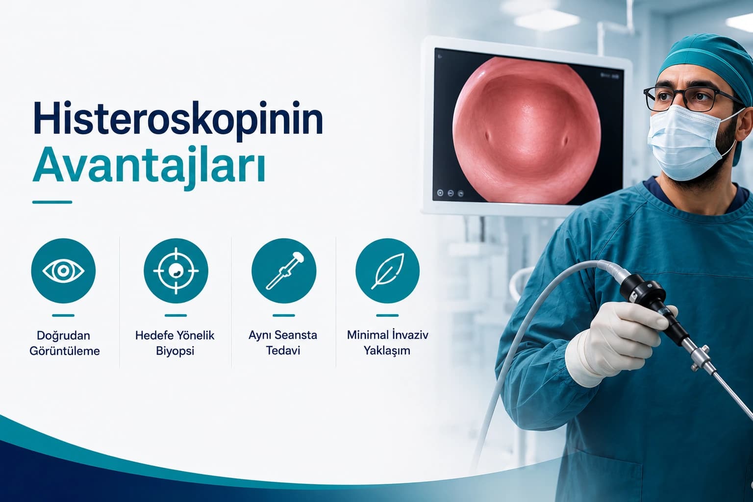 Histeroskopi sırasında rahim içinin doğrudan görüntülenmesini gösteren tıbbi illüstrasyon. Histeroskopinin tanı ve tedavide sağladığı temel avantajlar.