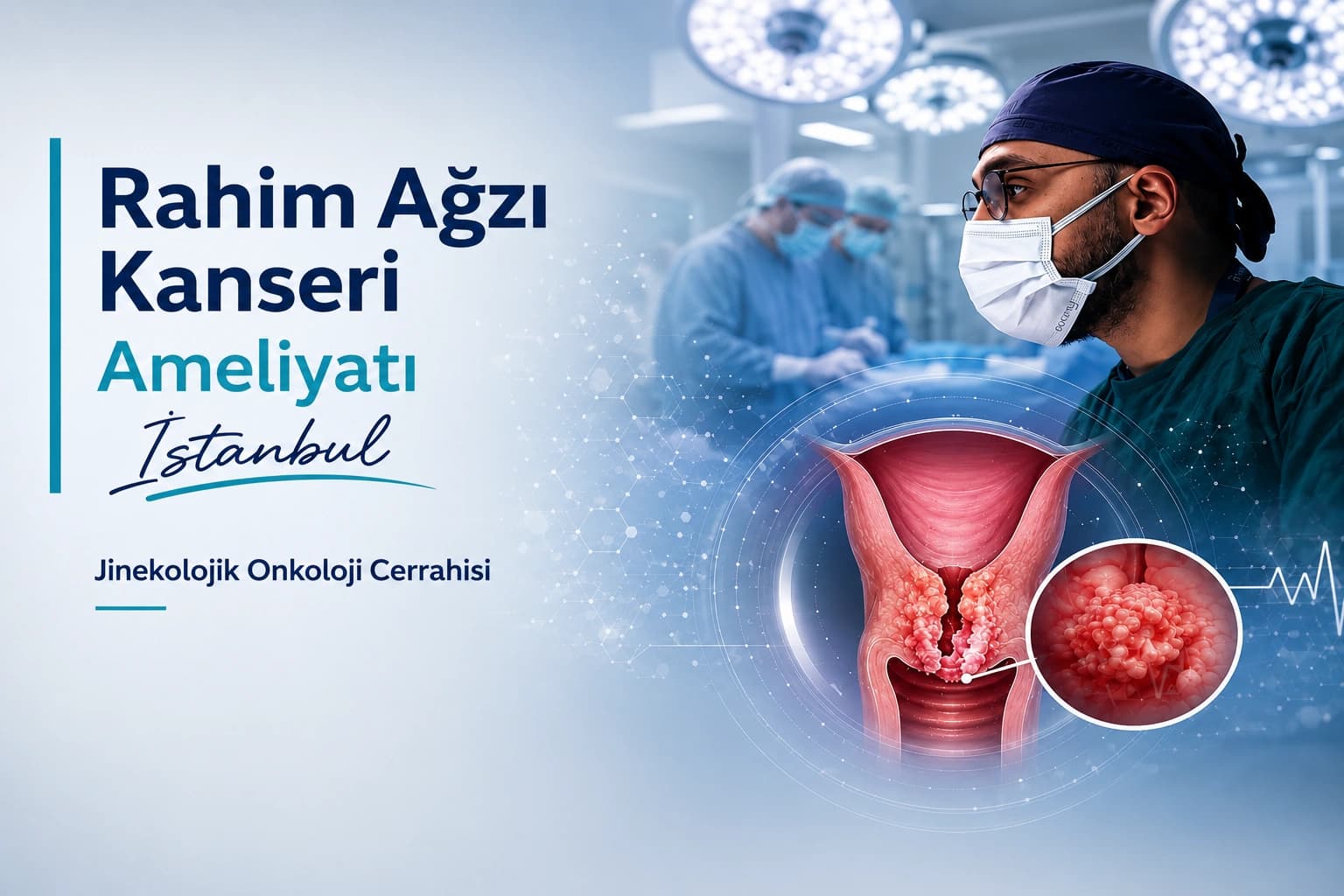 Rahim ağzı kanseri ameliyatı planlamasını temsil eden ameliyathane ortamında jinekolojik onkoloji cerrahisi görseli