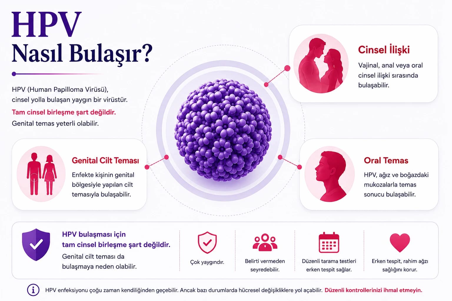 HPV bulaş yollarını gösteren infografik; cinsel ilişki, genital cilt teması ve oral temas ile HPV geçiş mekanizmalarının görsel anlatımı.