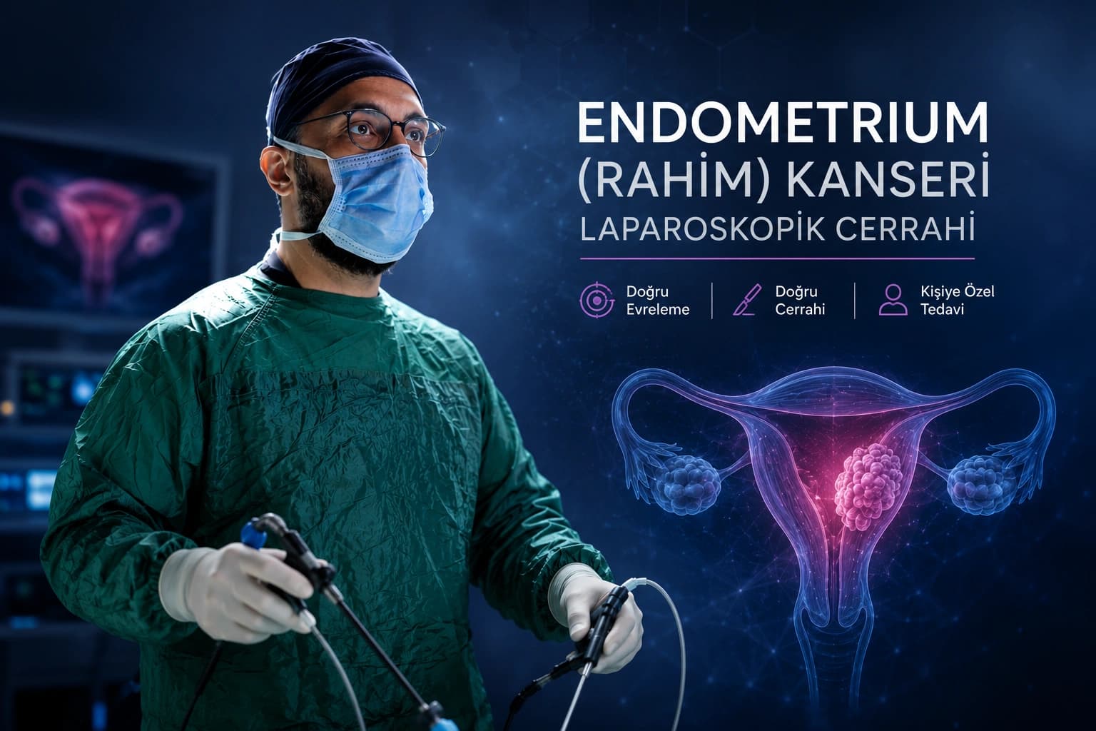 Prof. Dr. Doğukan Yıldırım’ın laparoskopik cerrahi sırasında yer aldığı, endometrium (rahim) kanseri için minimal invaziv cerrahi yaklaşımını ve uterin tümör illüstrasyonunu gösteren premium medikal görsel.