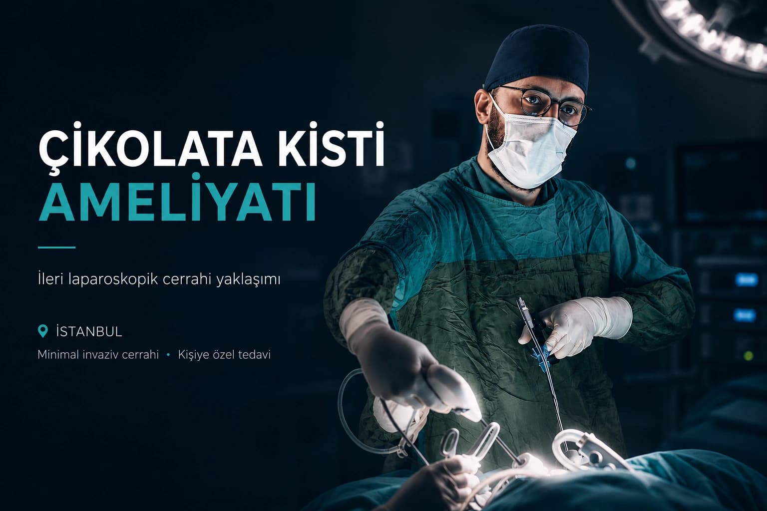 Çikolata kisti ameliyatı sırasında minimal invaziv laparoskopik cerrahi uygulayan jinekolojik onkoloji cerrahı.