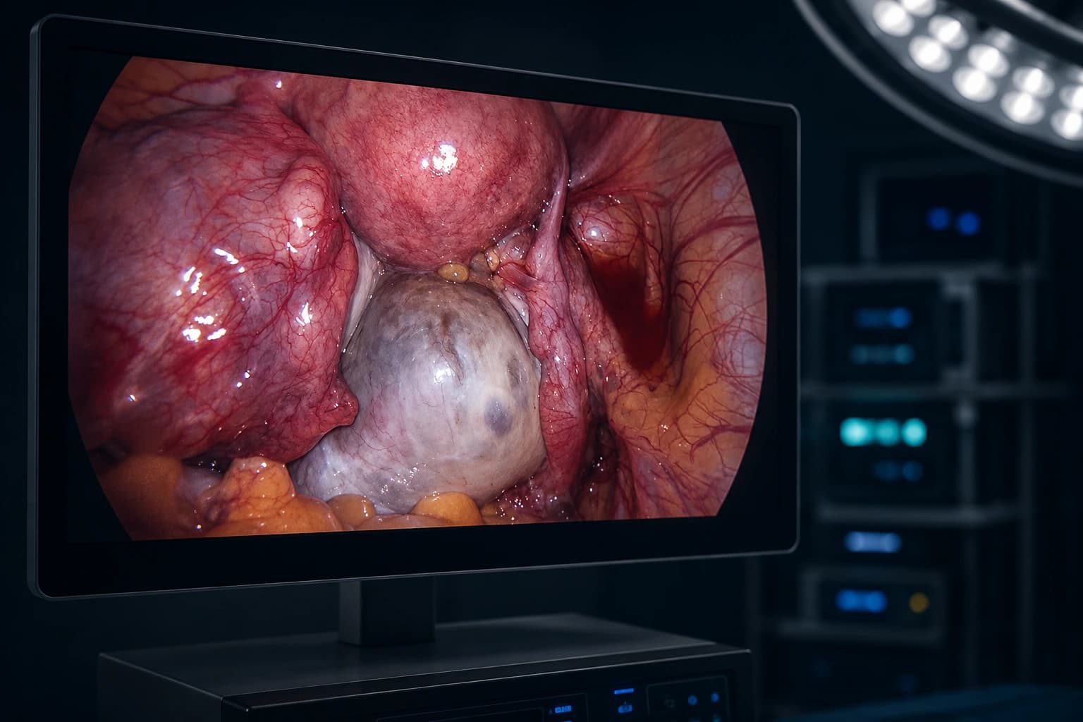 Endometriozis ve çikolata kisti cerrahisi sırasında laparoskopik monitör görüntüsü ve pelvik anatomik yapıların görünümü.