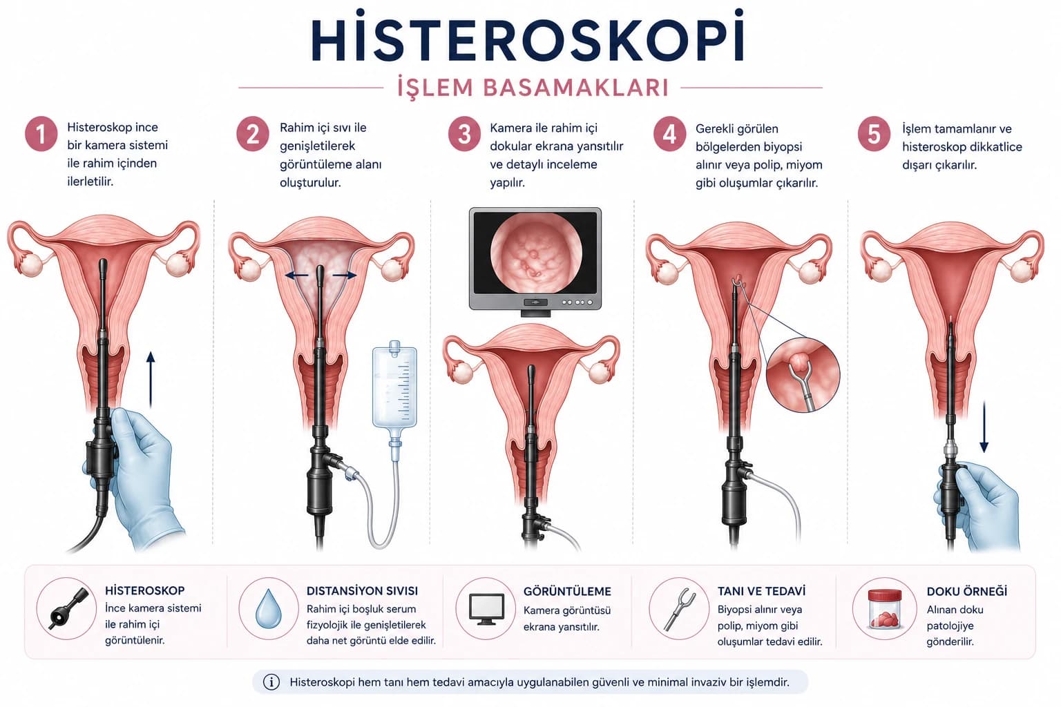 Histeroskopi nedir? Rahim içi görüntüleme, biyopsi alma ve polip veya miyom tedavisinde kullanılan histeroskopi işlem basamaklarını gösteren infografik.