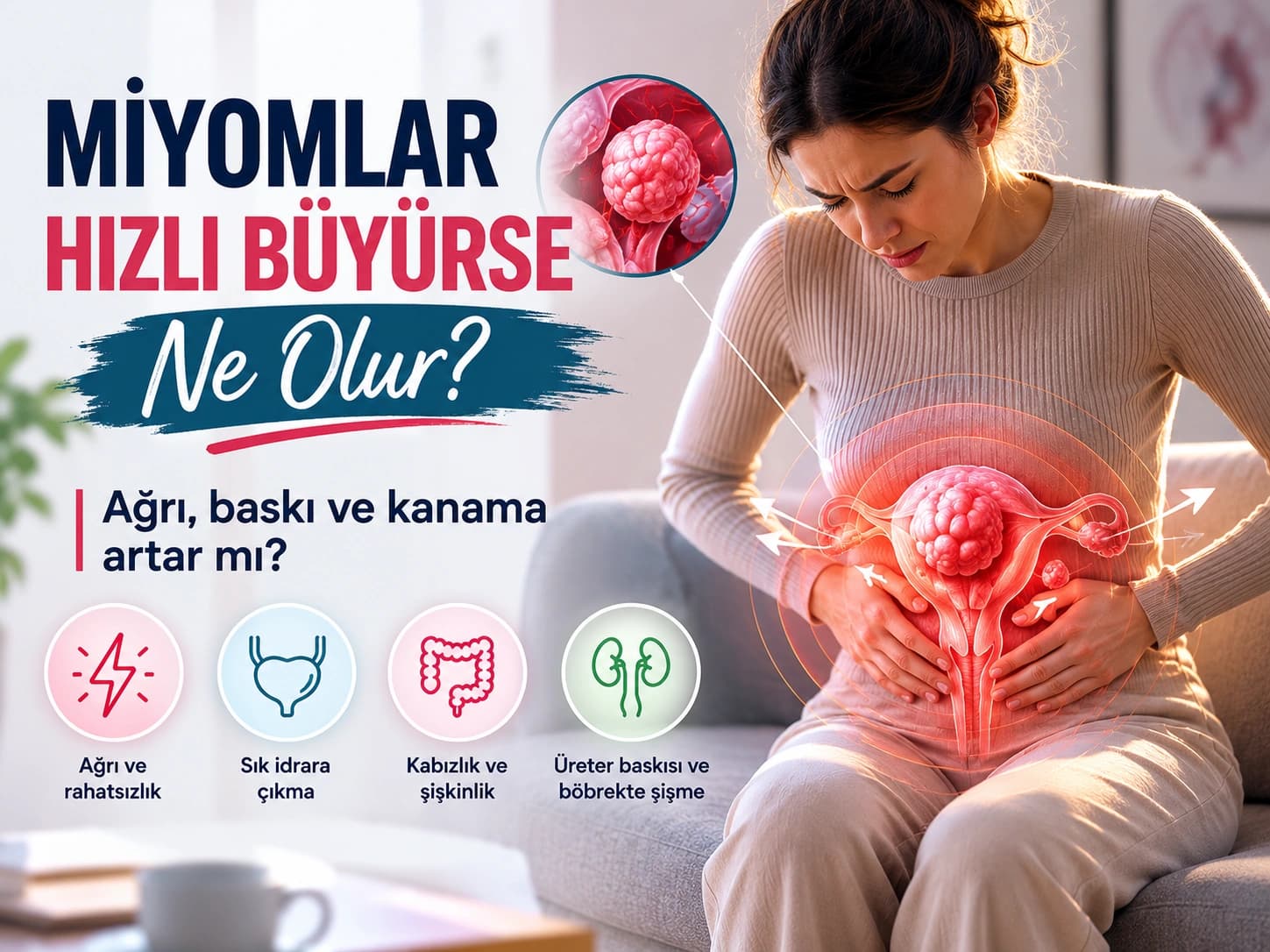 Miyomlar hızlı büyürse ne olur? Ağrı, yoğun kanama, sık idrara çıkma, kabızlık ve üreter basısını gösteren rahim miyomu infografiği