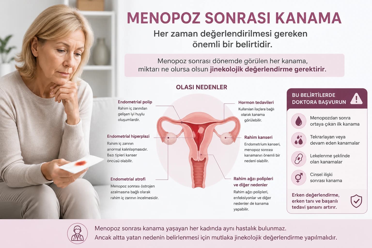 Menopoz sonrası kanama yaşayan bir kadının değerlendirilmesini ve olası nedenleri gösteren tıbbi infografik; endometrial atrofi, polip, hiperplazi ve rahim kanseri gibi nedenler şematik olarak gösterilmektedir.