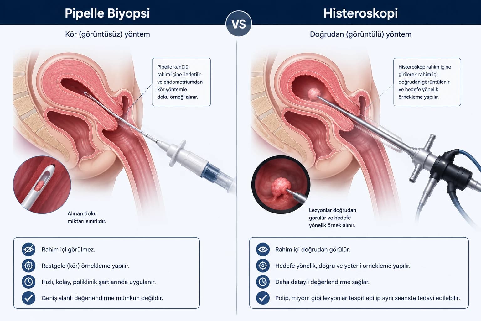 Pipelle biyopsi ve histeroskopinin karşılaştırılması: Pipelle biyopside rahim içinden kör örnekleme yapılırken, histeroskopide rahim içi doğrudan görüntülenerek hedefe yönelik örnekleme yapılmasının şematik gösterimi