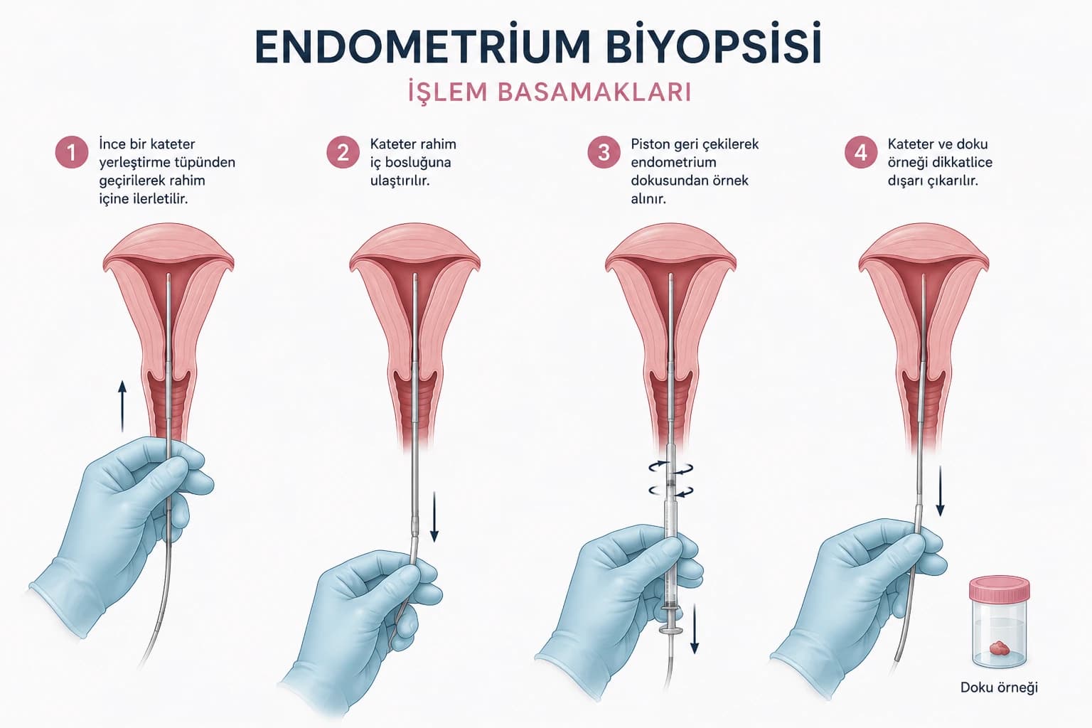 Endometrium biyopsisi işlem basamakları ve pipelle biyopsi uygulamasının şematik gösterimi