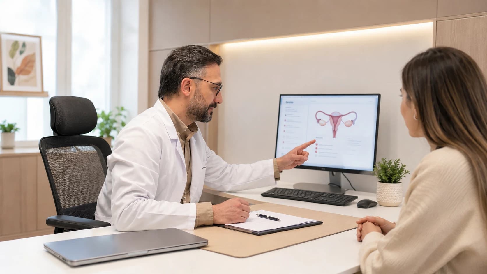 Rahim kalınlaşması şüphesi olan hastada endometriumun değerlendirilmesini anlatan jinekolojik hasta konsültasyonu görseli