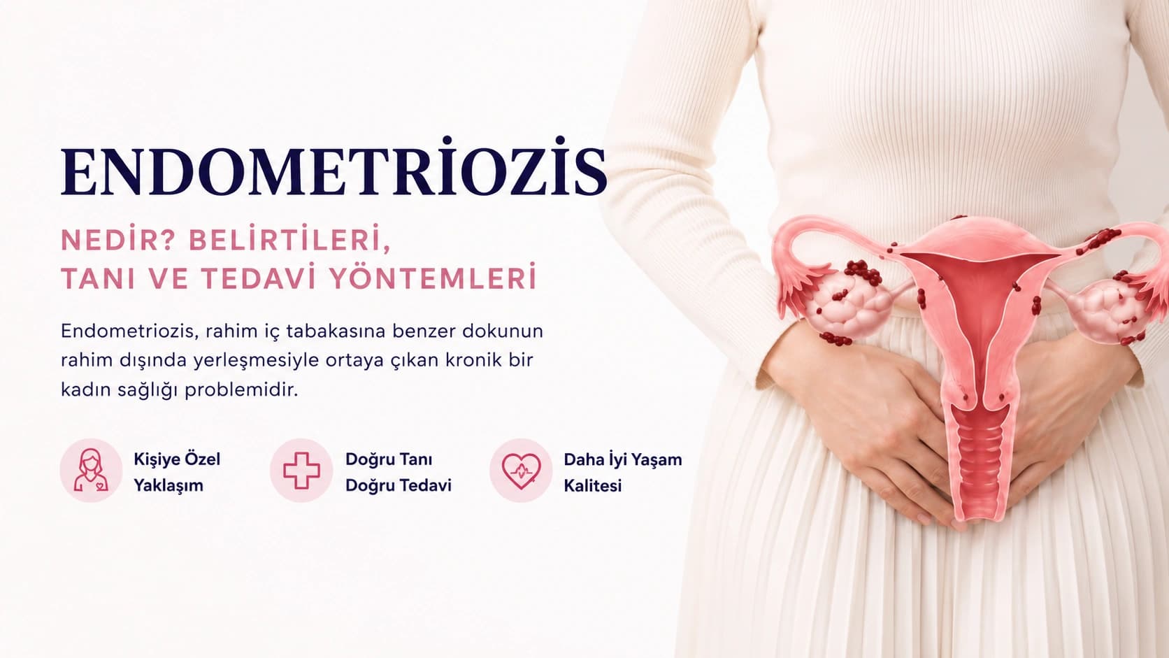 Endometriozis hastalığını gösteren uterus illüstrasyonu ve kadın pelvik ağrı temsili görseli