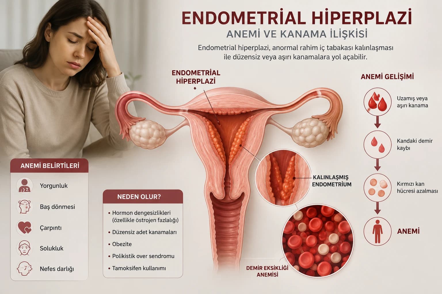 Endometrial hiperplazi, anormal uterin kanama ve demir eksikliği anemisi arasındaki ilişkiyi gösteren tıbbi illüstrasyon.