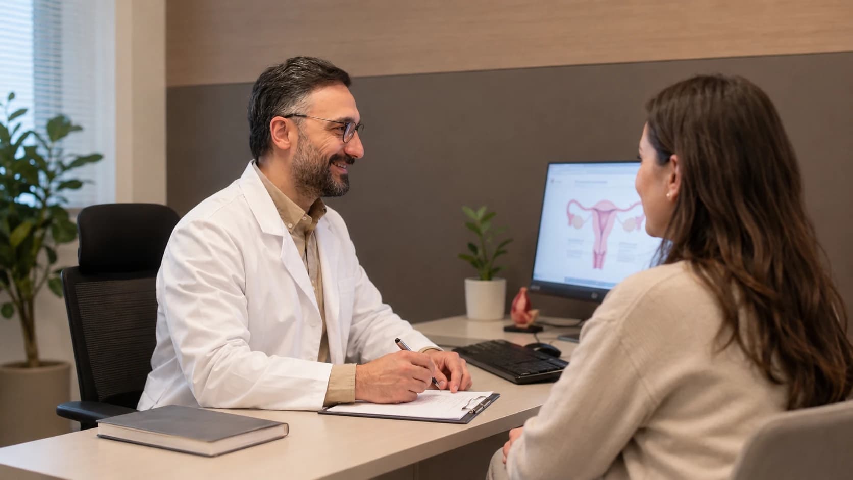 Endometrial hiperplazi şüphesi olan hastayla muayene odasında tedavi ve takip seçeneklerini değerlendiren jinekolojik onkoloji uzmanı.