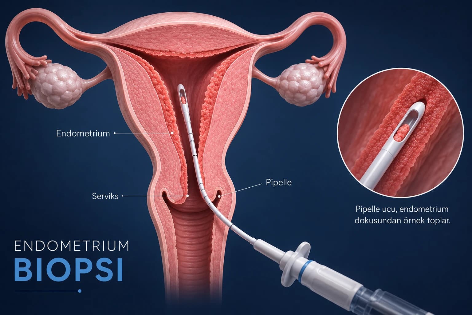 Endometrium biyopsisinde pipelle kanülünün servikal kanaldan geçirilerek rahim iç tabakasından doku örneği alınmasının şematik gösterimi