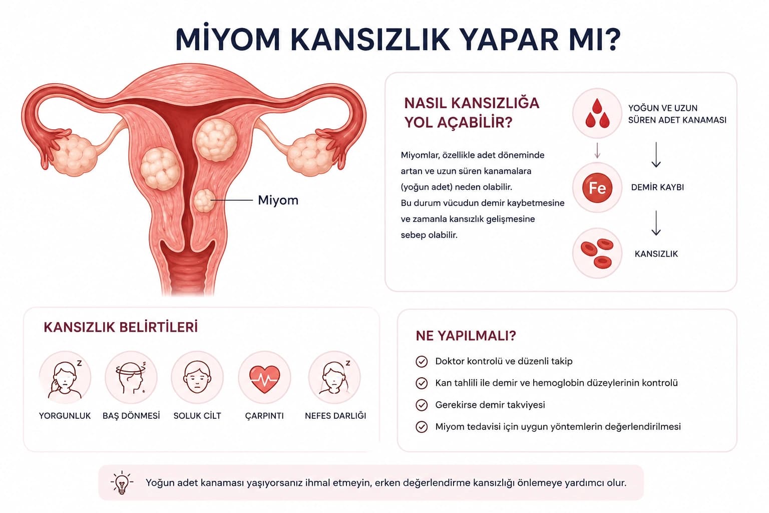 Rahim içinde farklı yerleşimlerde bulunan miyomları gösteren tıbbi illüstrasyon; miyomların yoğun adet kanaması yoluyla demir eksikliği ve kansızlığa neden olabileceğini, kansızlık belirtilerini ve önerilen değerlendirme yöntemlerini açıklayan infografik.