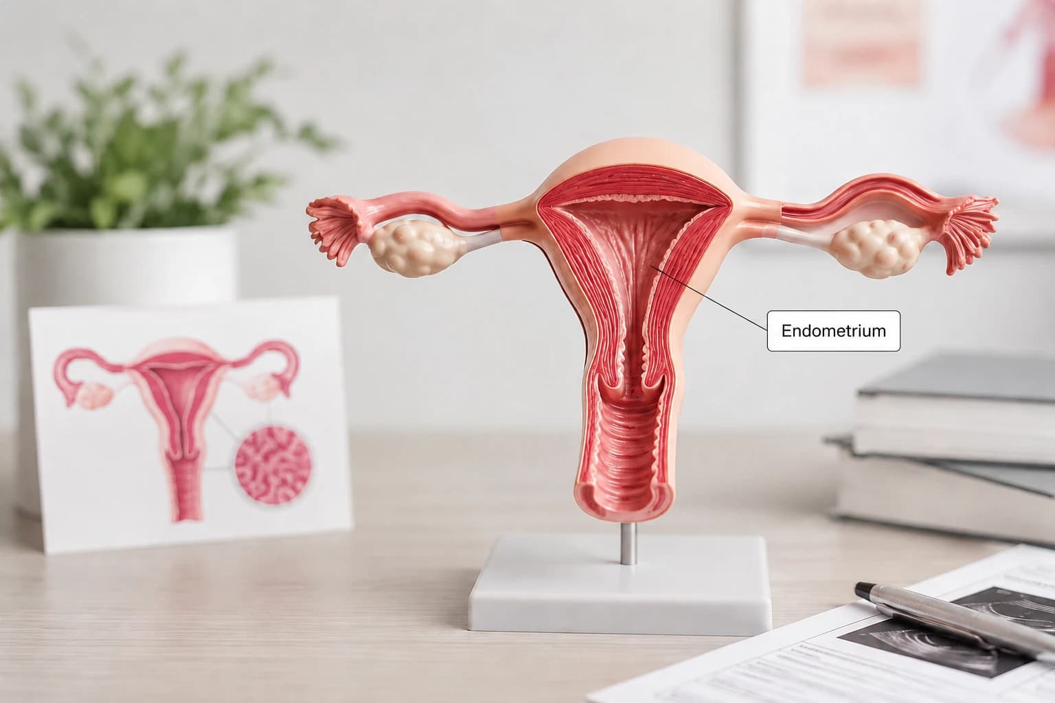 Rahim kesit modeli üzerinde endometrium tabakasının işaretlendiği anatomik eğitim görseli.